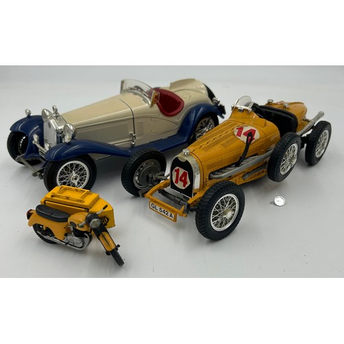 1329 - A Zebra Toys AA patrol motor bike along with two Burago racing cars scale 1/18 comprising of an Alfa... 