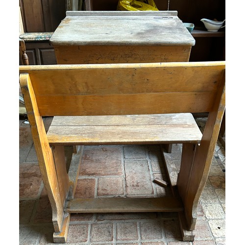 18 - Three old school pine desks originally from Rise Convent. Brass inkwells marked Kingfisher Ltd, West... 