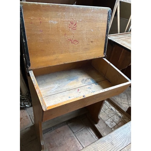 18 - Three old school pine desks originally from Rise Convent. Brass inkwells marked Kingfisher Ltd, West... 