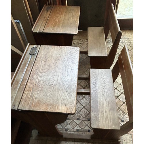 18 - Three old school pine desks originally from Rise Convent. Brass inkwells marked Kingfisher Ltd, West... 