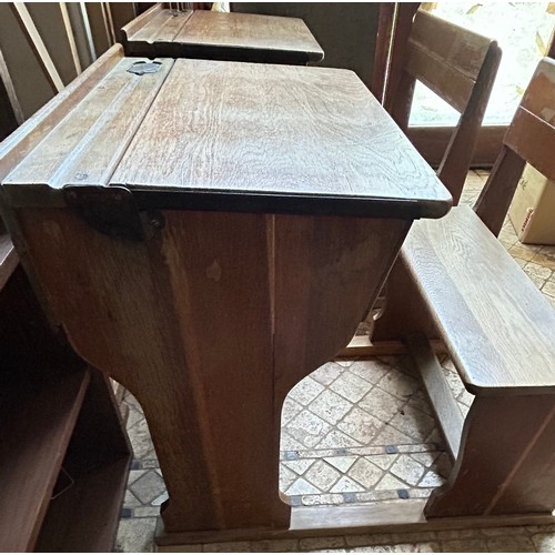 18 - Three old school pine desks originally from Rise Convent. Brass inkwells marked Kingfisher Ltd, West... 