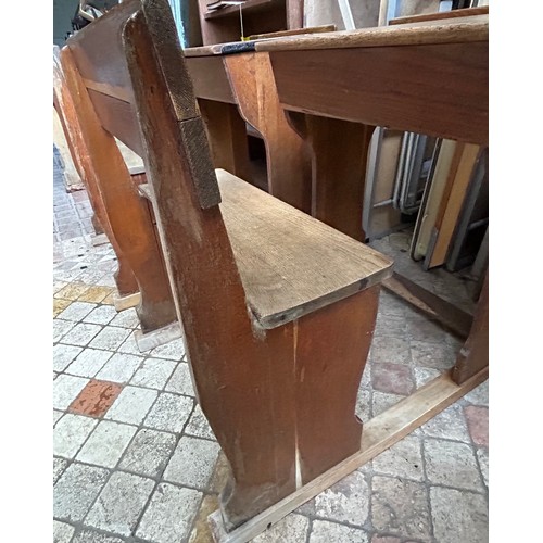 18 - Three old school pine desks originally from Rise Convent. Brass inkwells marked Kingfisher Ltd, West... 