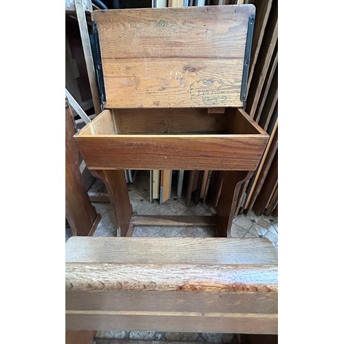 18 - Three old school pine desks originally from Rise Convent. Brass inkwells marked Kingfisher Ltd, West... 