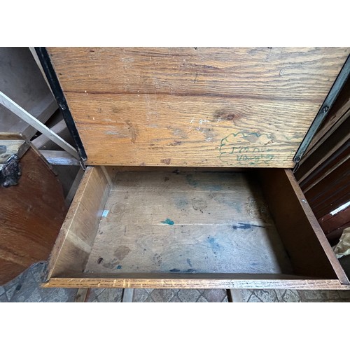 18 - Three old school pine desks originally from Rise Convent. Brass inkwells marked Kingfisher Ltd, West... 