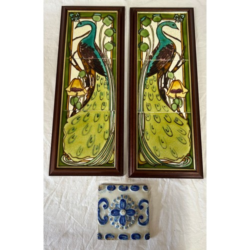 339 - Two sets, of three framed tiles depicting peacocks together with a single blue and white tile. Frame... 