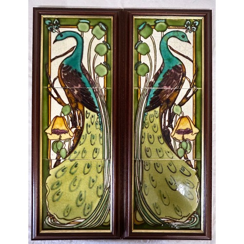 339 - Two sets, of three framed tiles depicting peacocks together with a single blue and white tile. Frame... 