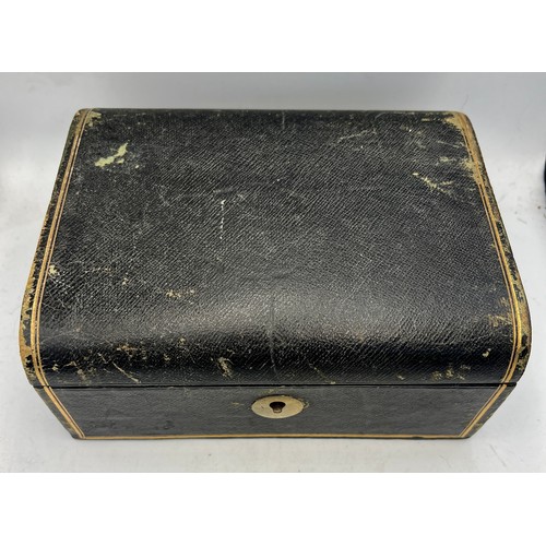 579 - A 19thC leather covered jewellery box and contents of 19th and early 20thC jewellery to include 9 ca... 