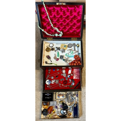 580 - A 19thC walnut jewellery box and contents to include two 9 carat gold bar brooches, silver cased wat... 