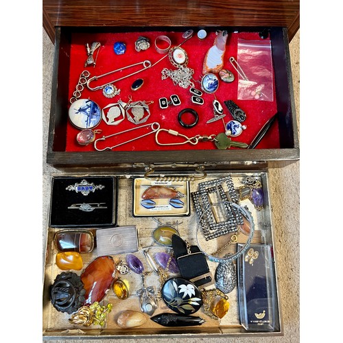 580 - A 19thC walnut jewellery box and contents to include two 9 carat gold bar brooches, silver cased wat... 