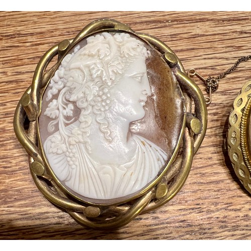 584 - Four various cameo brooches including three shell cameo, two 19thC. One simulated shell. Largest 6cm... 