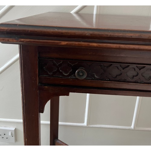 19 - Mahogany fold over card table with drawer to front and baize  top. 71cm h x 62cm w x 38cm d. Open 77... 