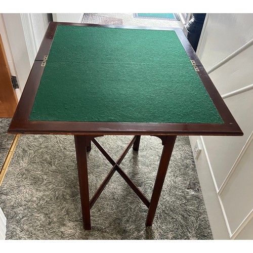 19 - Mahogany fold over card table with drawer to front and baize  top. 71cm h x 62cm w x 38cm d. Open 77... 