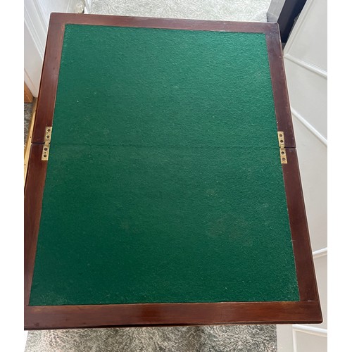 19 - Mahogany fold over card table with drawer to front and baize  top. 71cm h x 62cm w x 38cm d. Open 77... 