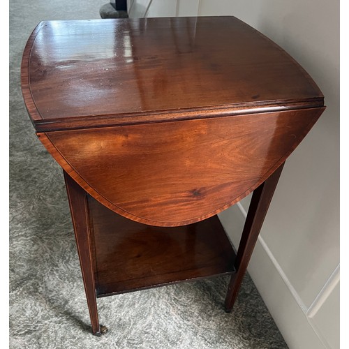 22 - An Edwardian mahogany inlaid side table with single drawer. 70.5cm h x 84cm x 49 cm open. With dropp... 