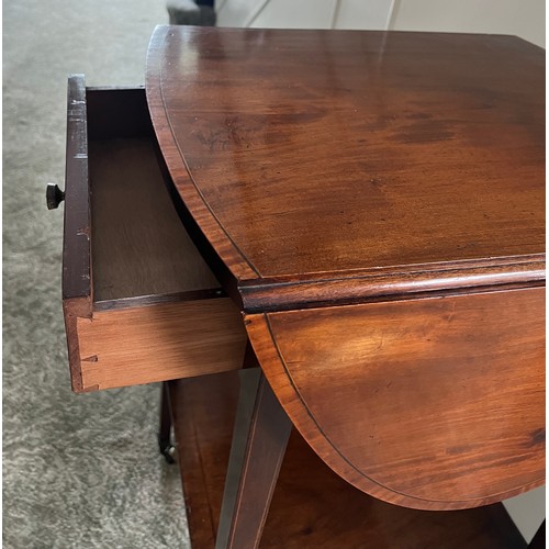 22 - An Edwardian mahogany inlaid side table with single drawer. 70.5cm h x 84cm x 49 cm open. With dropp... 