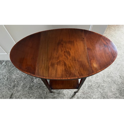 22 - An Edwardian mahogany inlaid side table with single drawer. 70.5cm h x 84cm x 49 cm open. With dropp... 