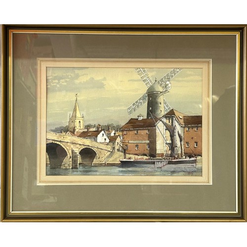 1508 - Colin Verity (British 1924-2011) watercolour of a village scene with moored boat by a bridge and win... 