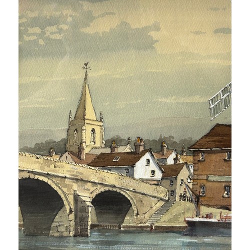 1508 - Colin Verity (British 1924-2011) watercolour of a village scene with moored boat by a bridge and win... 