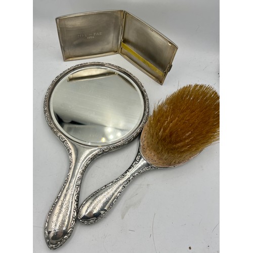 853 - Silver backed mirror and hairbrush, Chester 1908 together with a silver cigarette case Chester 1934,... 