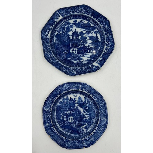 172 - A group of late 18th century blue and white transfer-printed plates, c. 1795. All decorated in the T... 