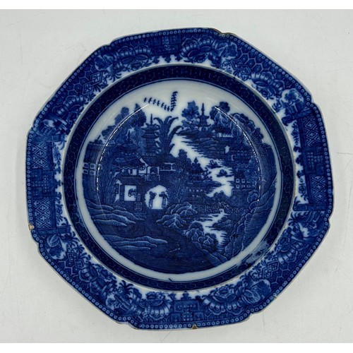 172 - A group of late 18th century blue and white transfer-printed plates, c. 1795. All decorated in the T... 