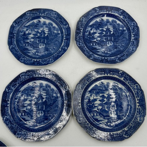 172 - A group of late 18th century blue and white transfer-printed plates, c. 1795. All decorated in the T... 