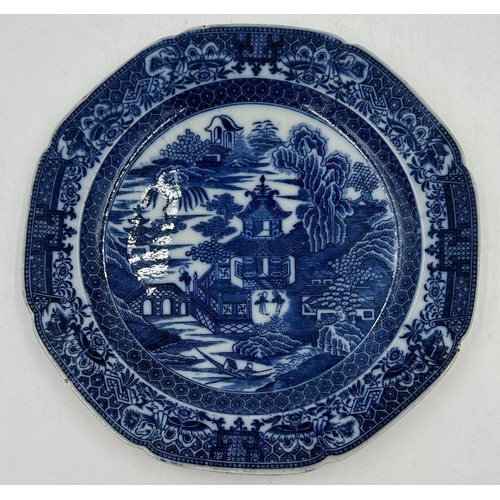 172 - A group of late 18th century blue and white transfer-printed plates, c. 1795. All decorated in the T... 