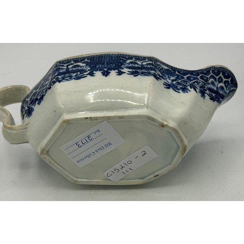 173 - A group of late 18th century and early 19th century blue and white transfer-printed sauce boats, c. ... 