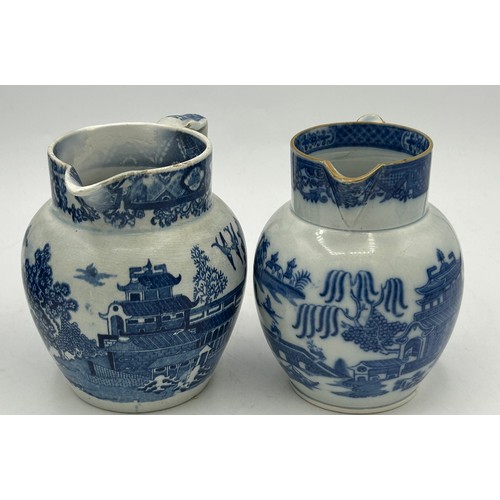 180 - A group of early 19th century blue and white transfer-printed jugs and a mug, c. 1800-10. To include... 