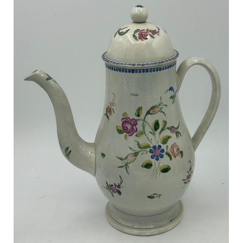 210 - A group of early 19th century hand-painted pearlware items, c. 1810. To include six jugs and a coffe... 