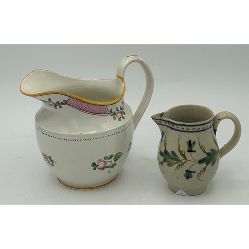 210 - A group of early 19th century hand-painted pearlware items, c. 1810. To include six jugs and a coffe... 