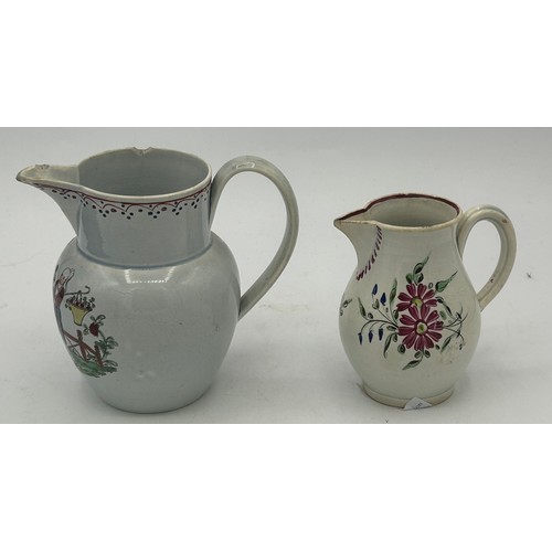 210 - A group of early 19th century hand-painted pearlware items, c. 1810. To include six jugs and a coffe... 