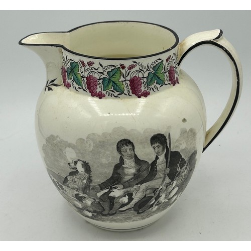 211 - An early 19th century creamware jug, possibly Spode, c. 1820. It is decorated with two men and their... 