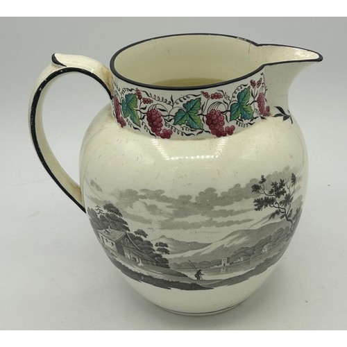 211 - An early 19th century creamware jug, possibly Spode, c. 1820. It is decorated with two men and their... 