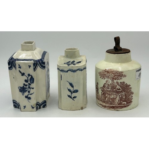 216 - Two early 19th century pearlware tea caddies, hand-painted in blue, one with floral decoration and o... 