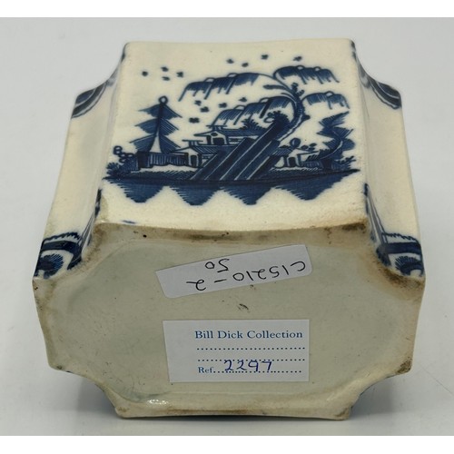 216 - Two early 19th century pearlware tea caddies, hand-painted in blue, one with floral decoration and o... 