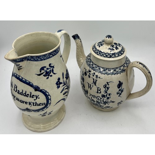 227 - A late 18th century hand-painted blue and white pearlware dedicated teapot and a named jug, c. 1785-... 