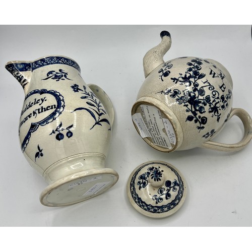 227 - A late 18th century hand-painted blue and white pearlware dedicated teapot and a named jug, c. 1785-... 