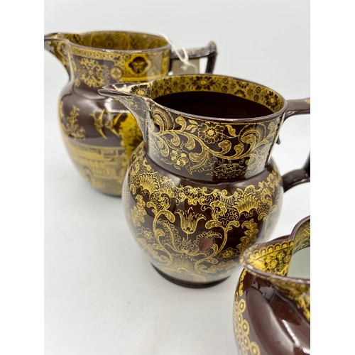 230 - A group of early 19th century yellow printed brown glaze jugs, c. 1805-10. To include Fig Tree, Nels... 