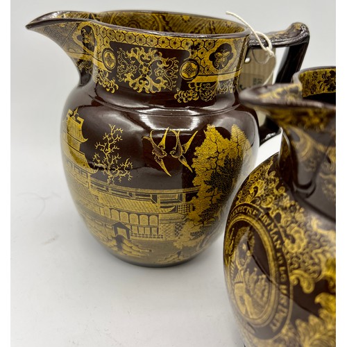 230 - A group of early 19th century yellow printed brown glaze jugs, c. 1805-10. To include Fig Tree, Nels... 