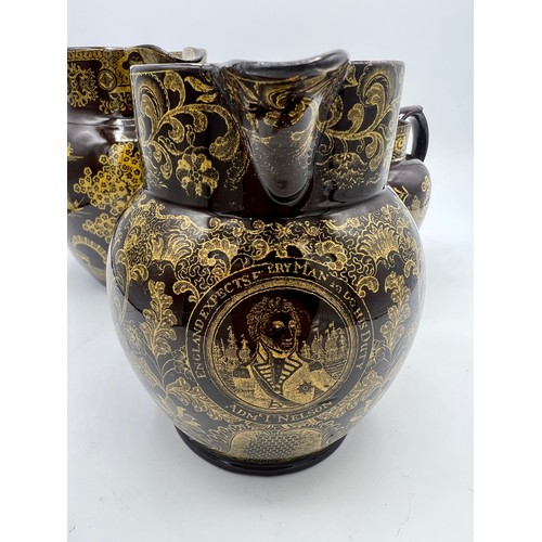 230 - A group of early 19th century yellow printed brown glaze jugs, c. 1805-10. To include Fig Tree, Nels... 