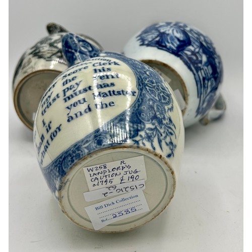 233 - An early 19th century blue and white transfer-printed Landlord's Caution jug, together with a blue a... 