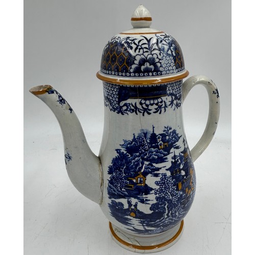 236 - A group of early 19th century blue and white transfer-printed chinoiserie pattern coffeepots, c. 180... 