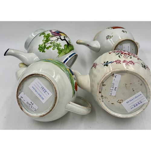 240 - A group of early 19th century hand-painted pearlware teapots, c. 1810. One is decorated with a peafo... 