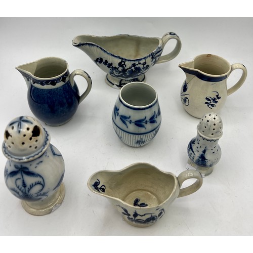 242 - A group of early 19th century blue hand-painted pearlware miniatures, c. 1810. To include: two sparr... 