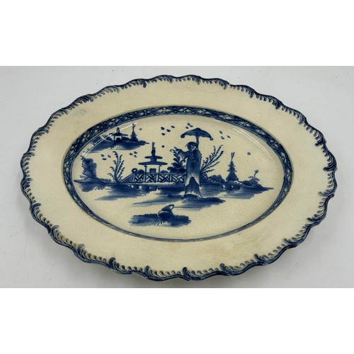 270 - Three early 19th century blue and white hand-painted, shell edge platters, one with a Chinese figure... 