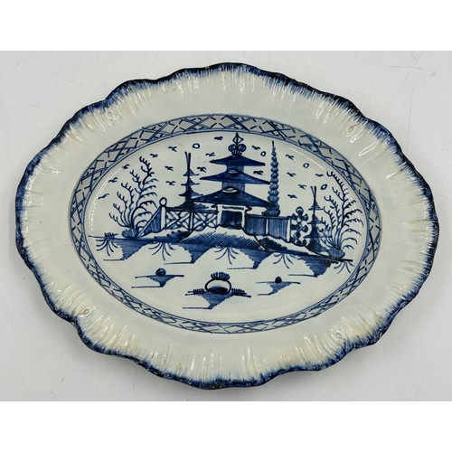 270 - Three early 19th century blue and white hand-painted, shell edge platters, one with a Chinese figure... 