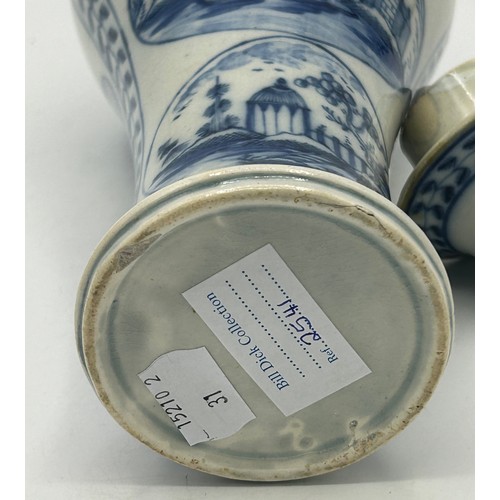 274 - An early 19th century hand-painted blue and white pearlware large lidded vase, c. 1800. It has paint... 