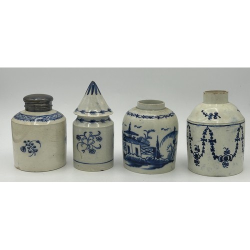 275 - A group of early 19th century hand-painted blue and white pearlware tea caddies and a similar lidded... 