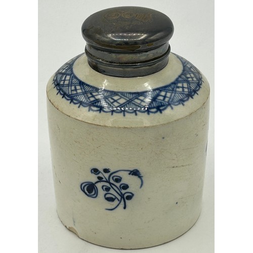 275 - A group of early 19th century hand-painted blue and white pearlware tea caddies and a similar lidded... 